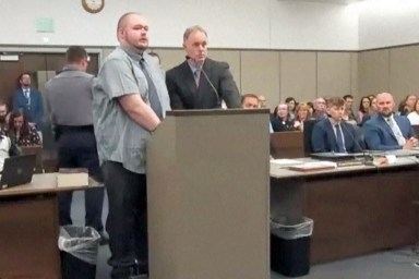 In this image taken from video provided by the Colorado Judicial Branch, Anderson Lee Aldrich, left, the suspect in a mass shooting that killed five people at a Colorado Springs LGBTQ+ nightclub in 2022, appears in court, June 26, 2023, in Colorado Springs, Colo., where they pleaded guilty in the attack. Aldrich was charged with federal hate crimes on Tuesday, Jan. 16, 2024.