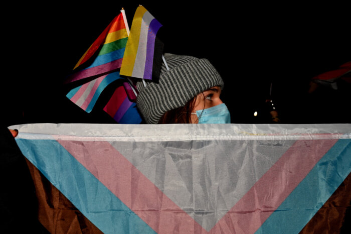 Demonstrators came equipped with a wide range of flags representing the LGBTQ community.