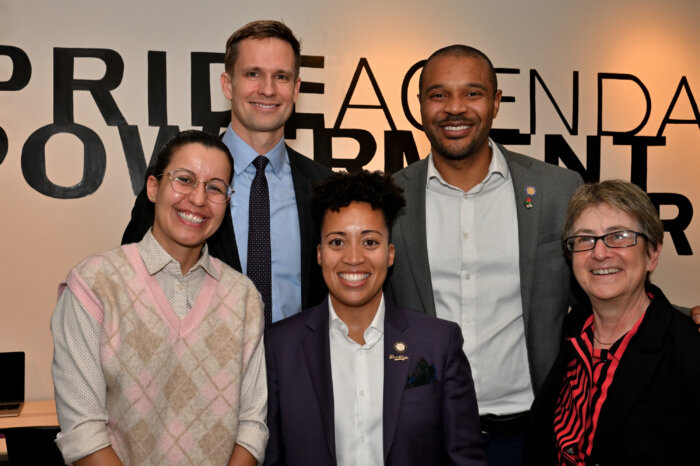 Councilmembers Tiffany Cabán, Erik Bottcher, and Crystal Hudson with State Senator Jabari Brisport and State Assemblymember Deborah Glick.