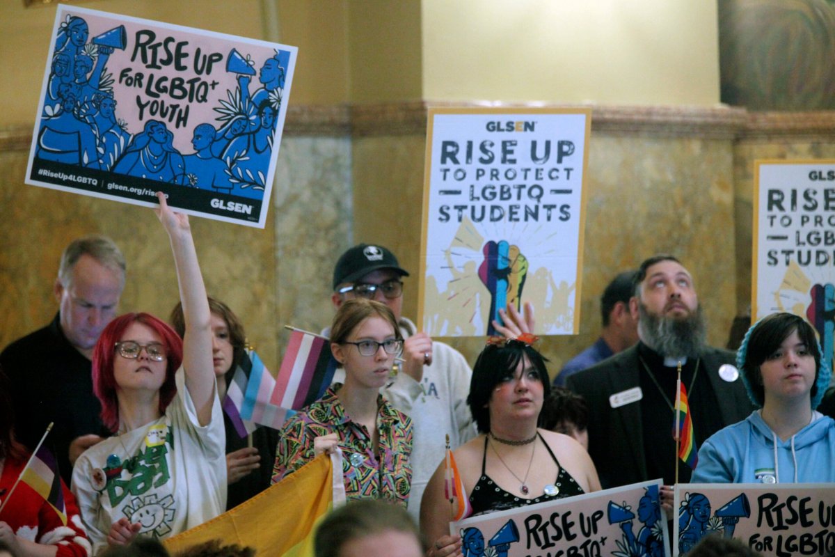 Kansas high school students, family members and advocates rally for transgender rights, Wednesday, Jan. 31, 2024, at the Statehouse in Topeka, Kansas.