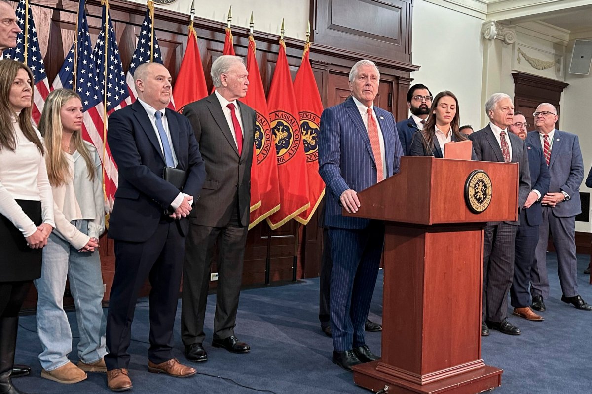 Nassau County Executive Bruce Blakeman, at podium, speaks during a news conference Wednesday, March 6, 2024, in Mineola, N.Y.