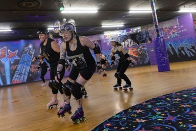 Members of the Long Island Roller Rebels practice on Tuesday, Mar. 19, 2023, at United Skates of America in Seaford, N.Y.