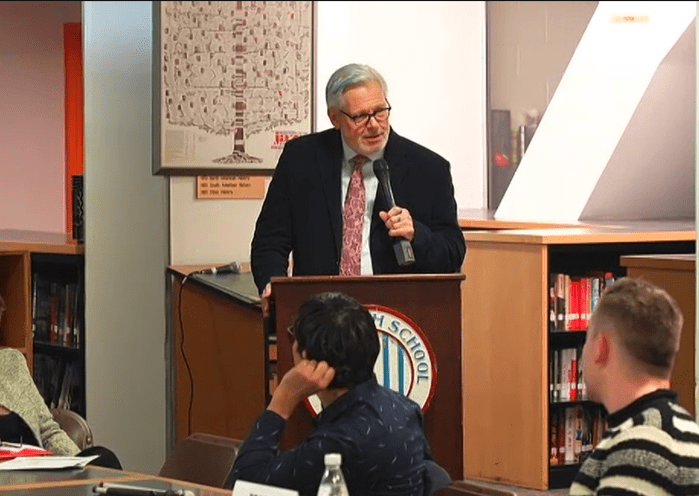 Former State Senator Thomas Duane speaks during a Community Board 5 meeting on April 11.