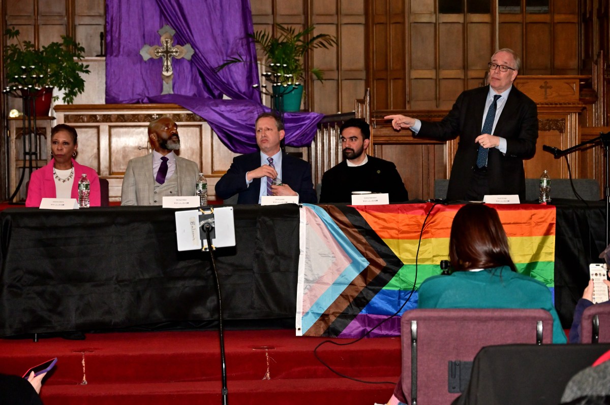 Candidates speak during an LGBTQ mayoral forum at The Church of the Village on March 27.